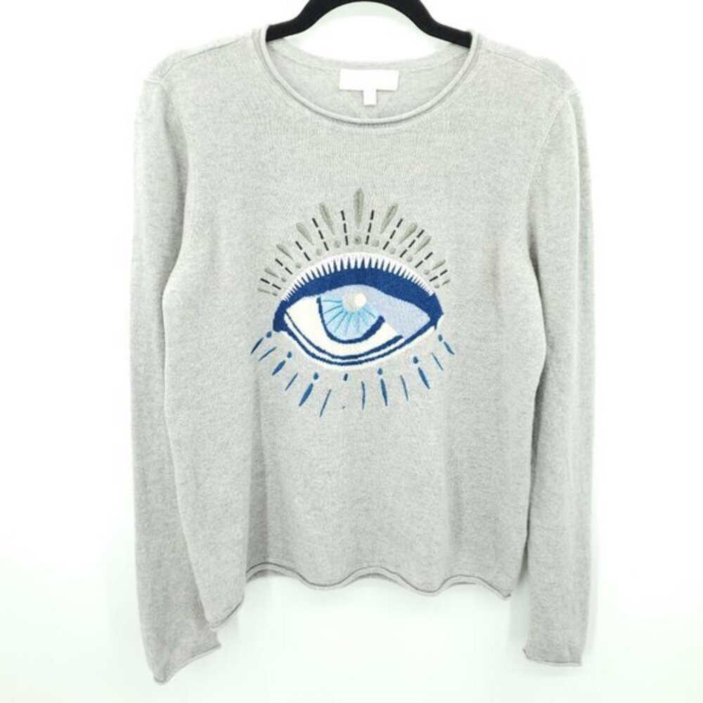 Lisa Todd 100% Cashmere Embroidered Evil Eye Rolled Hem Sweater M Gray/Blue